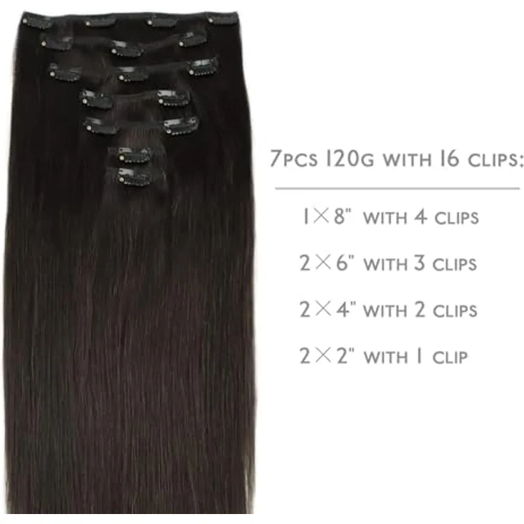 WENNALIFE Clip in Extensions Echthaar, 35cm 120g, 7pcs Dunkel Braun, Remy Haarverlängerung mit stabilen Clips – Bild 2