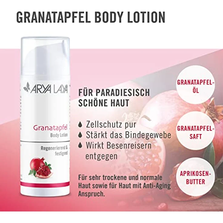 ARYA LAYA Body Lotion Granatapfel: Zellschutz pur, stärkt das Bindegewebe, wirkt Besenreisern entgegen, fruchtig-frischer Duft, 150 ml – Bild 2