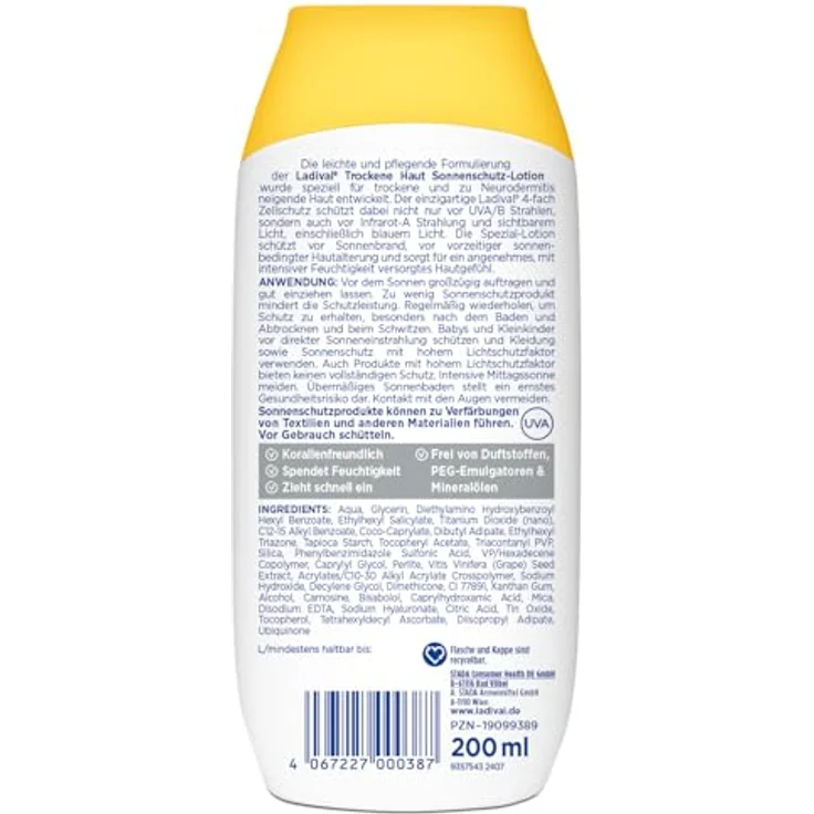 Ladival Sonnenschutz Lotion LSF 50+ für trockene Haut, beruhigend mit Hyaluronsäure, 4-fach Zellschutz, wasserfest, 200ml – Bild 2