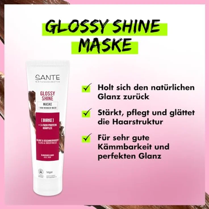 SANTE Naturkosmetik Glossy Shine Maske Bio-Birkenblattextrakt + 3-Fach Protein-Komplex, silikonfreie und hydratisierende Haarmaske, vegane Haarpflege für mehr Glanz und Geschmeidigkeit, 150 ml – Bild 4