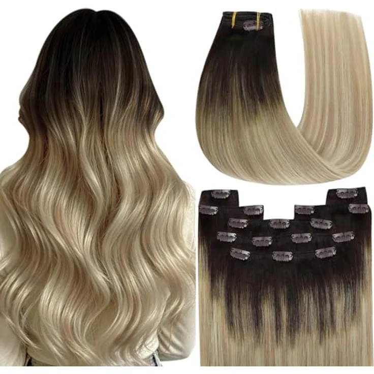 YoungSee Echthaar Extensions Clip Balayage 35cm, 120g Remy Echthaar in Braun Blond, 7 Clip in Haarverlängerungen für volles Volumen – Bild 1