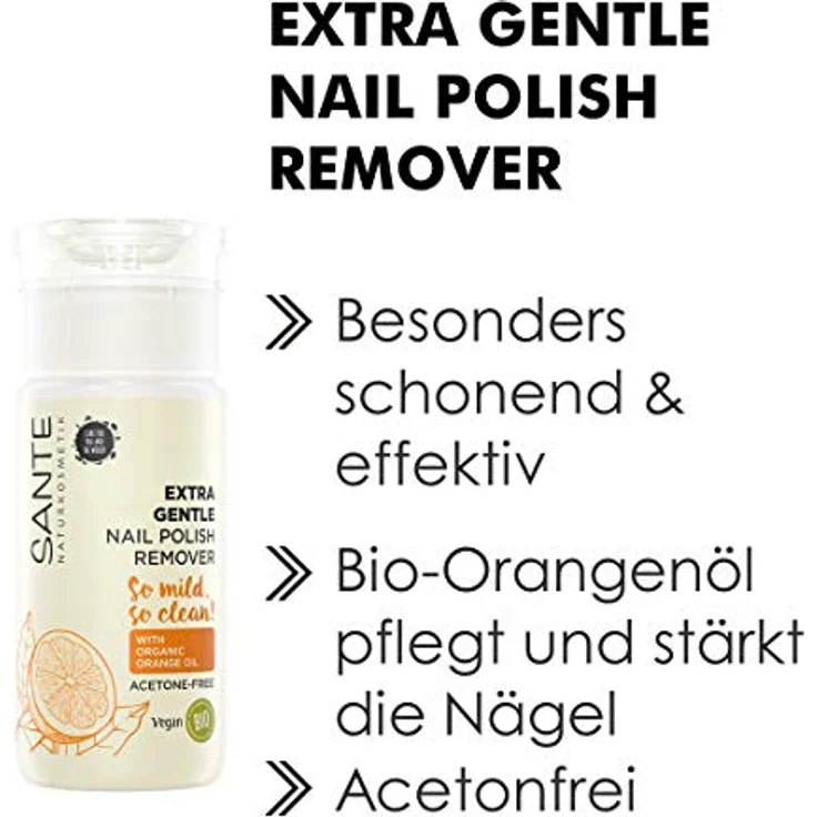 SANTE Naturkosmetik Extra Gentle Nail Polish Remover, Nagellack-Entferner mit Bio-Orangenöl & Bio-Alkohol, Acetonfrei, Mild & pflegend, Vegan, 100ml – Bild 2