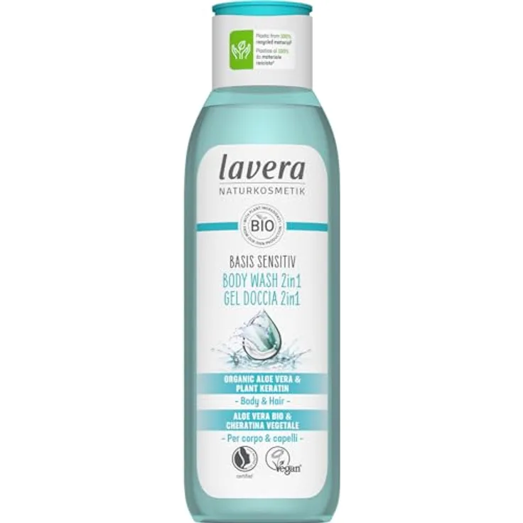 lavera basis sensitiv Body Wash 2in1, Naturkosmetik für Hautflora-Schutz, vegan mit Bio Aloe Vera und Pflanzenkeratin, silikonfrei, 250 ml