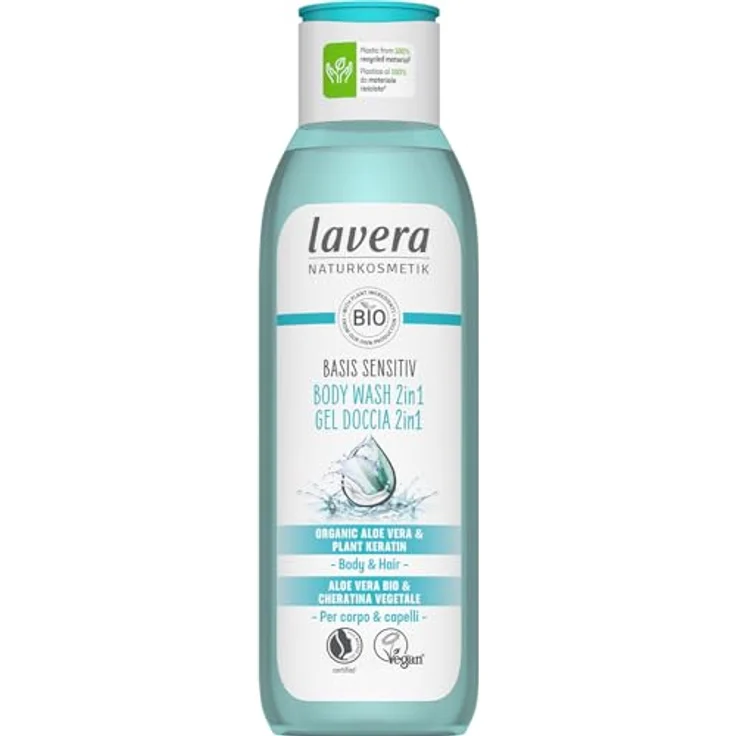 lavera basis sensitiv Body Wash 2in1, Naturkosmetik für Hautflora-Schutz, vegan mit Bio Aloe Vera und Pflanzenkeratin, silikonfrei, 250 ml – Bild 1