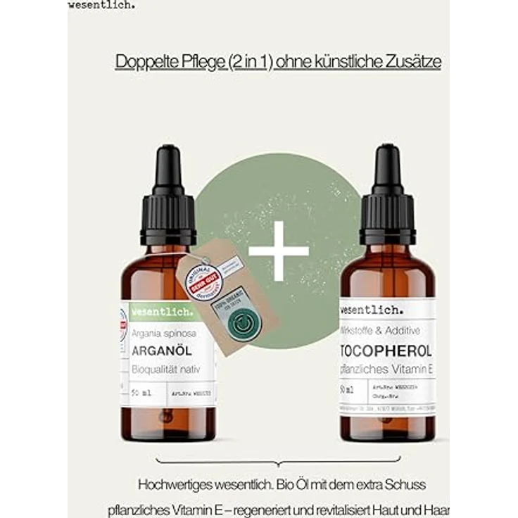 wesentlich. BIO Arganöl mit Extra Vitamin E, kaltgepresst, 100% naturrein, Kosmetik für Gesicht, Haut & Haare, Anti-Aging, Glasflasche mit Pipette, 50ml – Bild 3