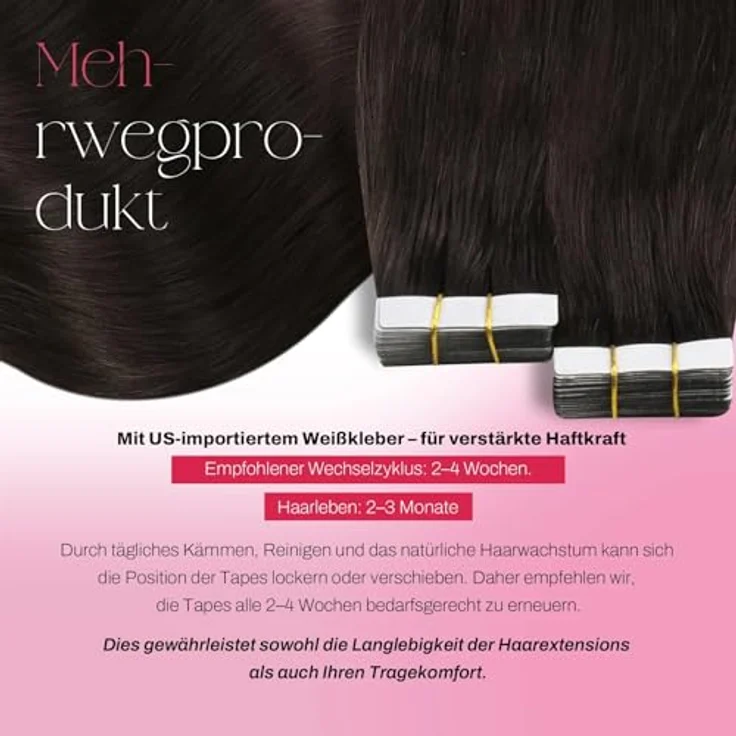 Moresoo Invisible Tape Extensions Echthaar 45 cm, Dunkelbraun, 20 Stück/50g, für dünnes Haar, leicht und komfortabel – Bild 3