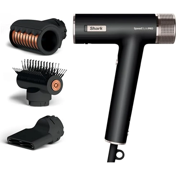 Shark SpeedStyle Pro Haartrockner, hohe Leistung & Power für glattes & welliges Haar mit Kopfhautschutz, 3 Aufsätze, leicht, keine Hitzeschäden, Schwarz HD731EU – Bild 1