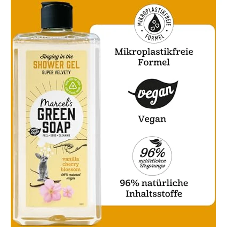Marcel's Green Soap Duschgel Vanille & Kirschblüte, Mikroplastik-frei, 98% biologisch abbaubar, vegane Rezeptur in recycelter Plastikflasche – Bild 4