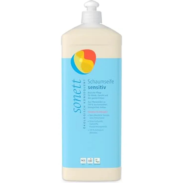 Sonett Schaumseife sensitiv, 1 Liter, milde, vegane Handseife mit neutral duftendem Schaum für sensible Haut, 100% pflanzliche Inhaltsstoffe