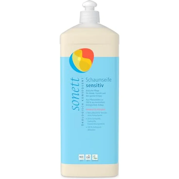Sonett Schaumseife sensitiv, 1 Liter, milde, vegane Handseife mit neutral duftendem Schaum für sensible Haut, 100% pflanzliche Inhaltsstoffe – Bild 1