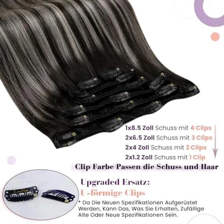 LaaVoo Echthaar Extensions Clip Ombre 55cm, Schwarz Silber Balayage, Doppelt Tressen 7PCS 120g #1b/s/1b – Bild 2