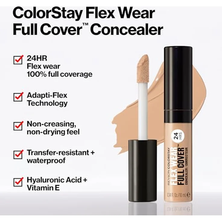 Revlon ColorStay Flex Wear, Full Cover Non-Creasing Concealer, angereichert mit Hyaluronsäure und Vitamin E, flexible Longwear, 050 Medium Deep, 100 ml – Bild 3