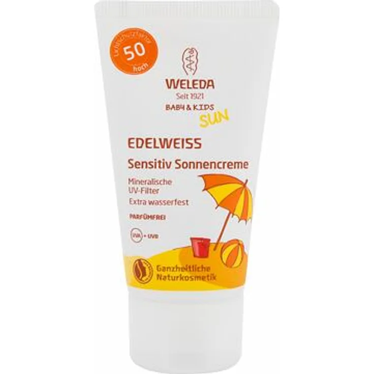 Weleda Baby & Kids Sun Edelweiss Sunscreen Sensitive SPF50 Kinder-Sonnencreme für Körper und Gesicht 50 ml