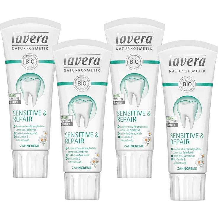 Lavera Zahncreme Sensitive & Repair Zahnpasta Bio-Kamille Natriumfluorid 4 x 75 ml – Bild 1