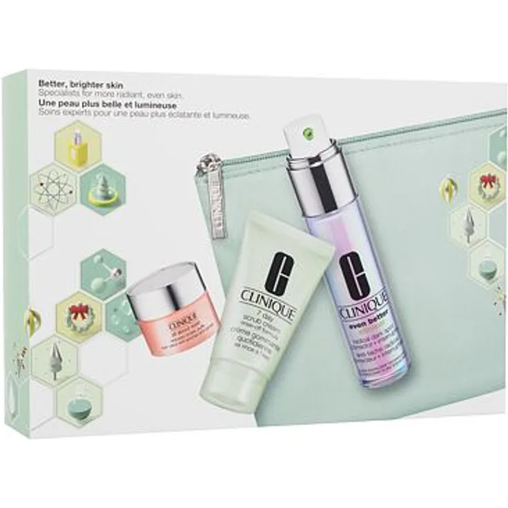 Clinique Better, Brighter Skin set Gesichtsserum Even Better Clinical Radical Dark Spot Corrector 30 ml + Gesichtspeeling 7 Day Scrub Cream Rinse-Off Formula 30 ml + Augencreme All About Eyes Reduces Circles 5 ml + Kosmetiketui