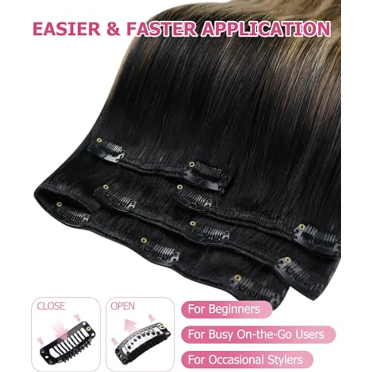 YoungSee Clip-in Extensions Echthaar 80g, Schwarz Balayage 1B/4/27, Remy Haarverlängerung mit Silikon-Clips, hitzebeständig und pflegeleicht – Bild 4
