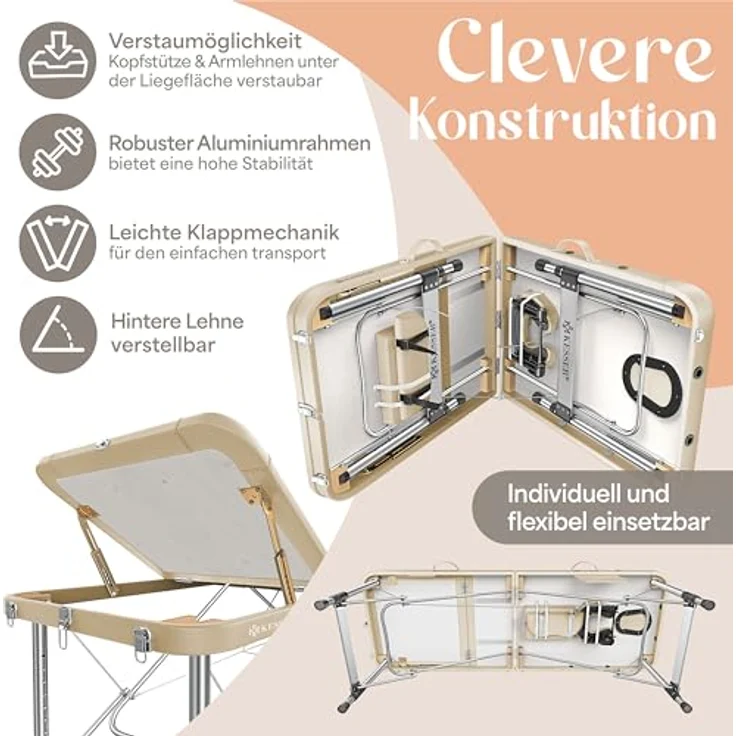 KESSER® Massageliege 3 Zonen, klappbar und verstellbar bis 250kg, tragbarer Koffer, Kosmetik- und Therapieliege, Alu-Kopfstütze, inklusive Tragetasche, Anti-Rutsch, 60cm, Beige – Bild 5