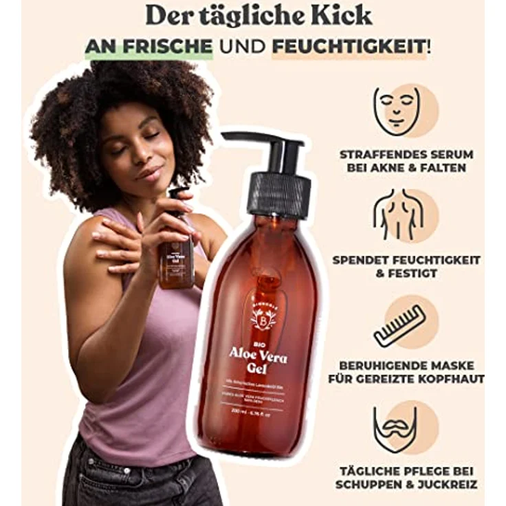 Bionoble Aloe Vera Gel Bio 200ml - Pures Aloe Vera Fruchtfleisch 100% Rein mit Ätherisches Lavendelöl BIO - Ohne Pulver - Ohne Xanthan - Gesicht, Augenpartie, Körper, Haare - Glasflasche + Pumpe – Bild 2