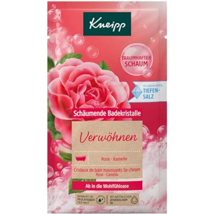 Kneipp Badekristalle Verwöhnen, Badesalz mit Tiefensalz und Damaszener Rose, pflegendem Kamelienöl, langanhaltender Traumschaum, 80g – Bild 1