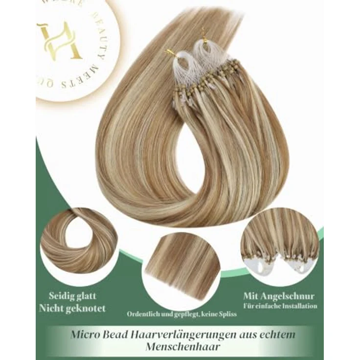 Ugeat Micro Ring Extensions Echthaar Blond Gesträhnt, 55 cm, 50 Strähnen, hitzebeständig bis 180°C, #P10/613 – Bild 2