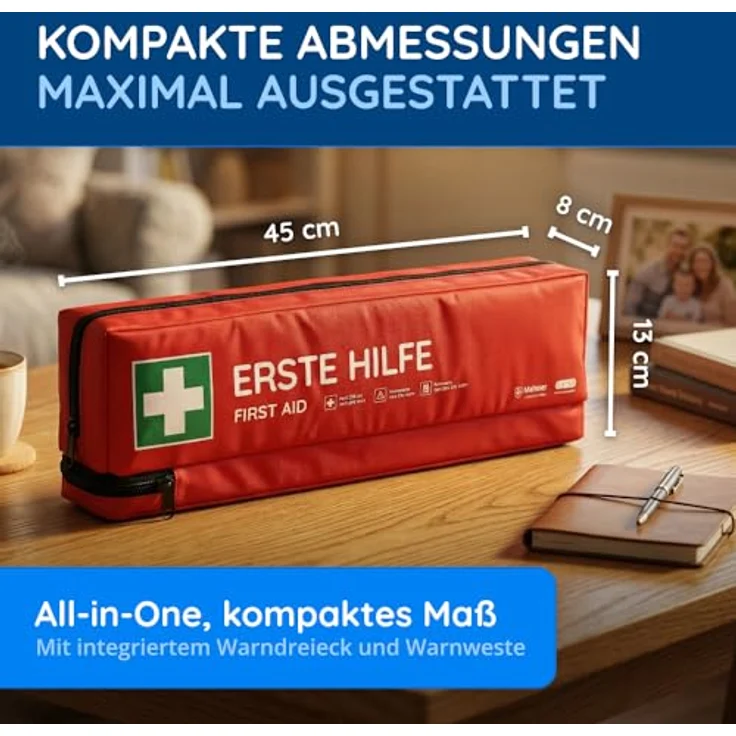 FLEXEO KFZ-Verbandkasten DIN 13164:2022, Erste-Hilfe-Tasche mit Warnweste und Warndreieck, gesetzeskonform und erweiterte Ausstattung – Bild 4