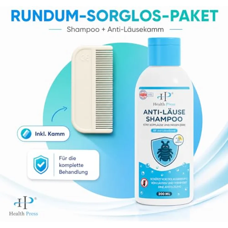 Health Press Anti-Läuse Shampoo, 200ml Vorteilspackung mit Applikatorflasche und Läusekamm, kokosextraktbasiert – Bild 3