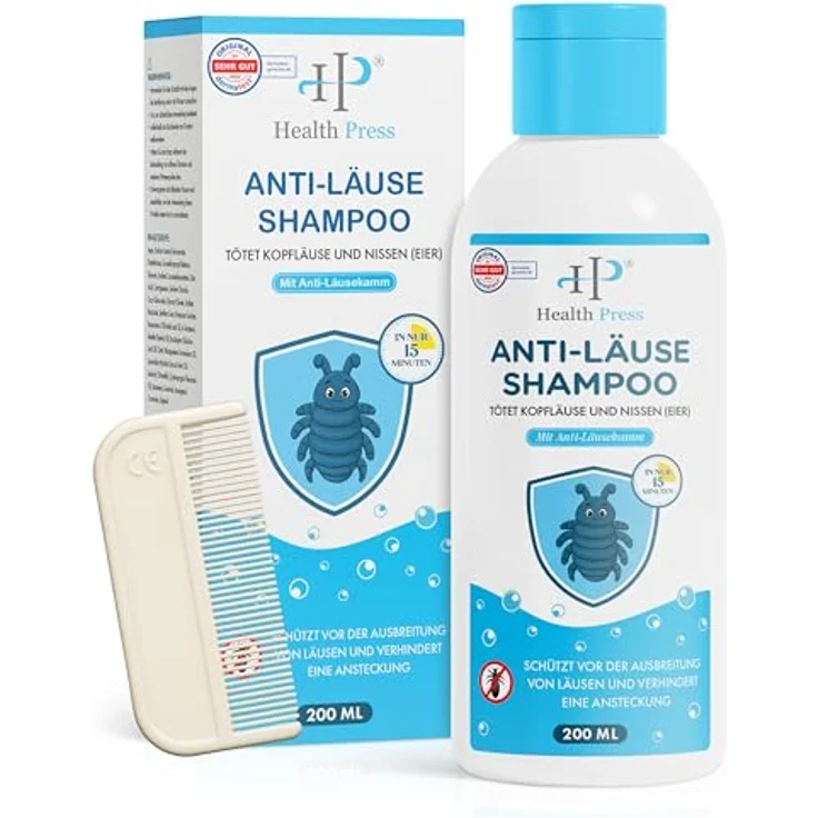 Health Press Anti-Läuse Shampoo, 200ml Vorteilspackung mit Applikatorflasche und Läusekamm, kokosextraktbasiert – Bild 1