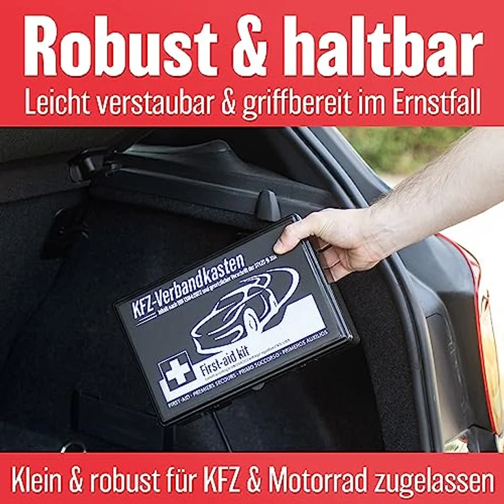 HELDENWERK Auto Verbandskasten 2026, StVO konform, DIN 13164 zertifiziert, inkl. 2x Mundschutzmasken, mehrsprachige Anleitung, staubgeschützt und steril verpackt – Bild 5