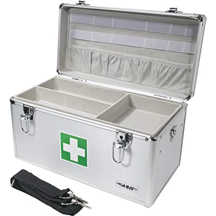 HMF 14701-09 Alu Medizinkoffer, Erste Hilfe Koffer mit Tragegriff, 4 Fächern, 40 x 22,5 x 20,5 cm, robust und stoßfest