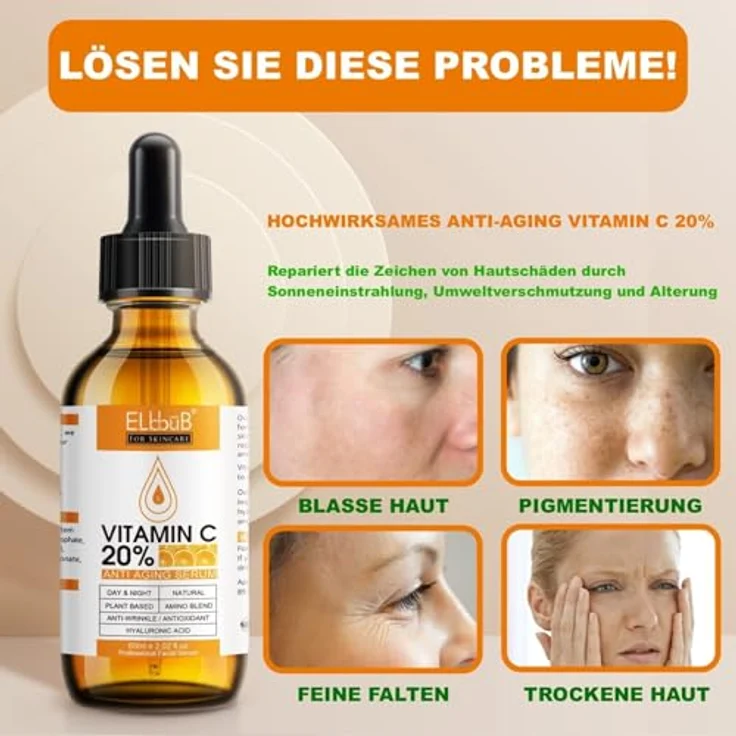P-Beauty Cosmetic Accessories Gesichtsserum 60ml, mit 20% Vitamin C und E, Hyaluronsäure, Anti Aging, vegan, hypoallergen, farbstofffrei – Bild 4