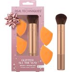 REAL TECHNIQUES Glitter All The Way Pinsel + Schwamm Kit, 3-teiliges Geschenkset in limitierter Auflage, mit RT 220 Light Layers Teint Pinsel und Midi Miracle Teint Schwämmen
