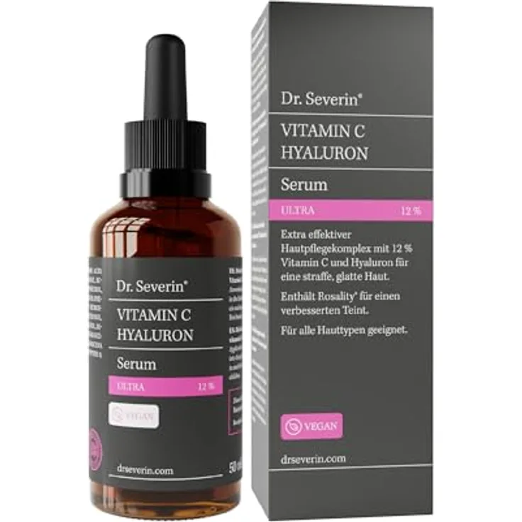 Dr. Severin 12% Vitamin C Hyaluron Serum Ultra 50 ml - Hochkonzentriertes Gesichtsserum mit Hyaluronsäure - Aufhellend, Anti-Aging, Anti-Falten - Auch gegen Pigmentflecken und Augenringe - Vegan