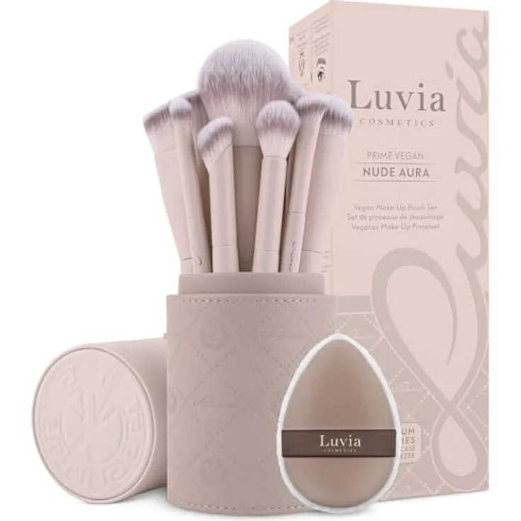 Luvia Nude Aura Brush Set, 10-teiliges Pinselset mit 8 Pinseln, Make-up-Schwamm und veganem Leder-Köcher, ultraweiche Nurai®-Fasern, vegan und tierversuchsfrei