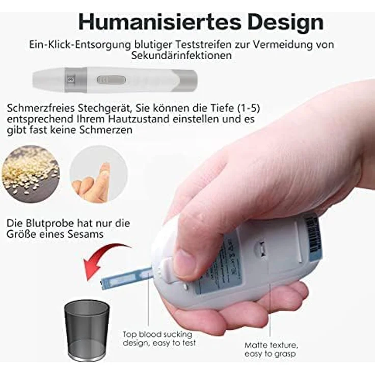 Sinocare Safe-Accu Blutzuckermessgerät Set, inklusive 50 Teststreifen, 200 Messergebnisse Speicherplatz, einfache Ein-Tasten-Bedienung – Bild 4