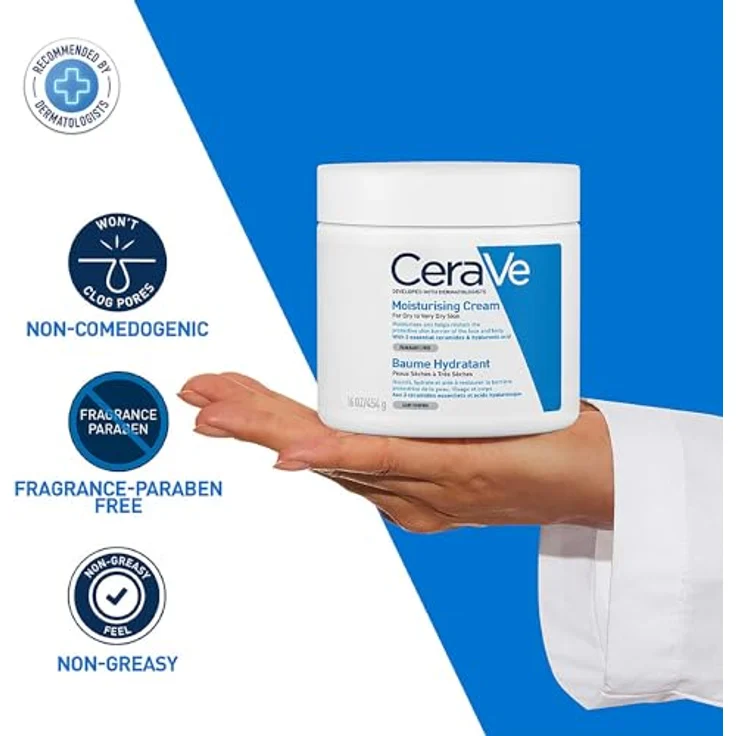 CeraVe Creme Gesicht & Körper Feuchtigkeitsspendende Creme 454 g mit feuchtigkeitsspendender Wirkung für trockene Haut – Bild 5