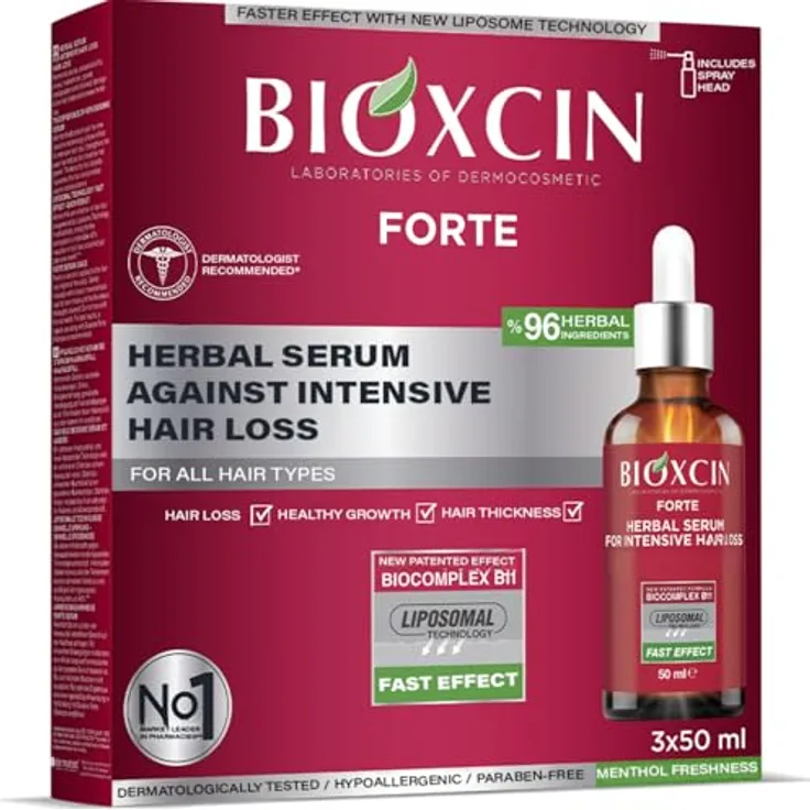 BIOXCIN Bioxcin Forte Pflanzliches Serum 3x50 ml - Gegen Starken Haarausfall - Mit BioComplex B11 für Kräftiges & Dichteres Haarwachstum, 96% pflanzlich