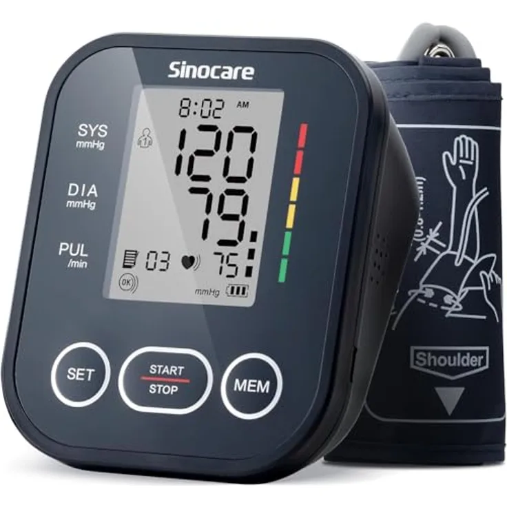 Sinocare Blutdruckmessgerät Oberarm ARM-30E+, Klinisch Validiert, 2 Nutzerprofile mit 2x99 Speicher, Ein-Knopf-Bedienung, XL-Manschette (22-42 cm), Arrhythmia Detection