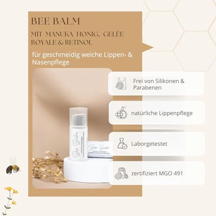 bedrop BeeBalm Lippenpflege, Lippenbalsam im Pump-Spender mit Manuka Honig, Gelée Royale und Retinol - feuchtigkeitsspendend, Anti-Aging, 100% natürlich, 3x 6ml Sparset – Bild 3