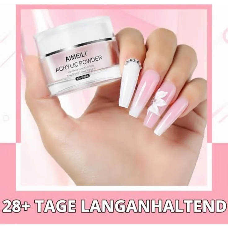AIMEILI Acryl Nagelset, 6 Farben Acrylpulver für Nägel, klar, weiß, rosa, keine UV-Lampe erforderlich, lufttrocknend, 10g pro Glas – Bild 4