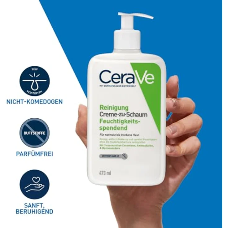 CeraVe Creme-zu-Schaum Reinigung, Feuchtigkeitsspendende Reinigungscreme, Mit Hyaluron und Ceramiden, 473 ml – Bild 3