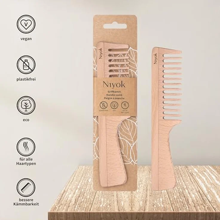Niyok® Holzkamm mit Griff • Nachhaltiger Buchenholz Kamm für alle Haartypen • 19cm mittlere Zahnung • Antistatisch, umweltfreundlich & vegan – Bild 3