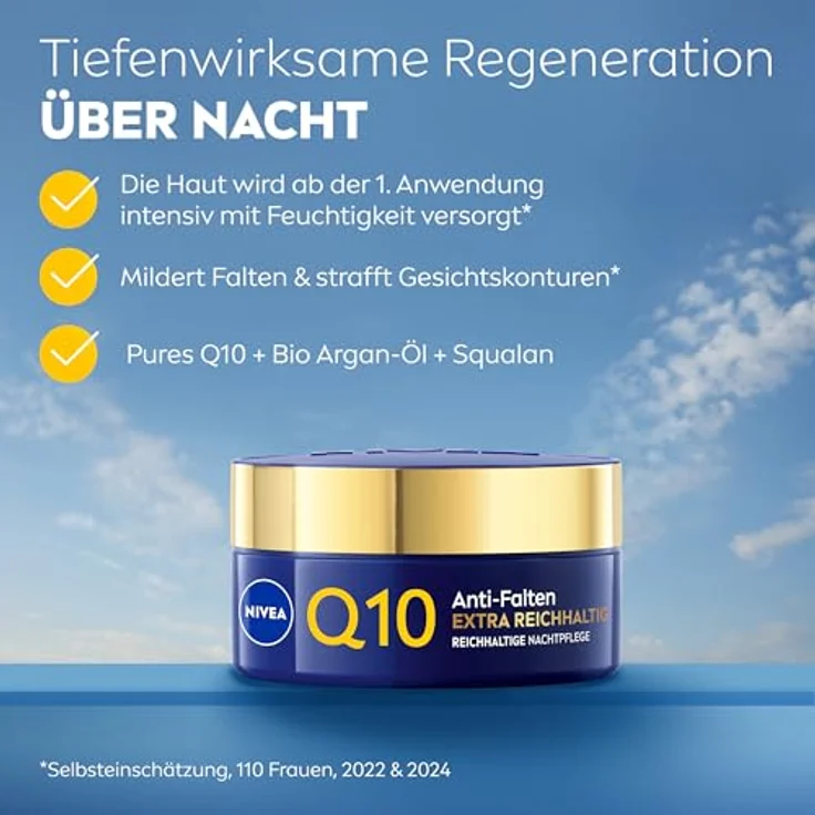 NIVEA Q10 Anti-Falten Power, Reichhaltige Nachtpflege 50ml mit Bio-Argan-Öl und Squalan für trockene bis sehr trockene Haut – Bild 2