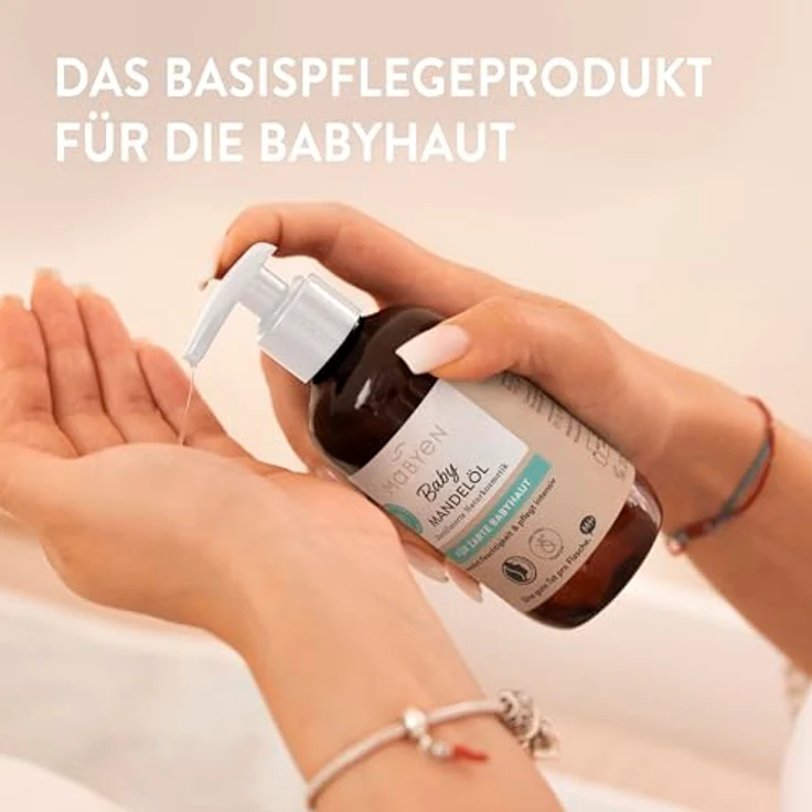 MABYEN Bio Baby Öl Mandel, 200ml, vegan, parfümfrei, NATRUE-zertifiziert, Hebammen empfohlen, ideale Basispflege für empfindliche Babyhaut – Bild 4