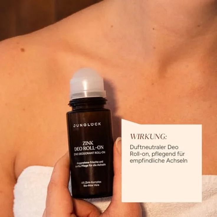 junglück JUNGLÜCK Zink Deo Roll-On ohne Duft, veganer Deo Roller ohne Aluminium & Alkohol für empfindliche Achseln, 4% Zink-Komplex mit antiseptischem Effekt – Bild 4