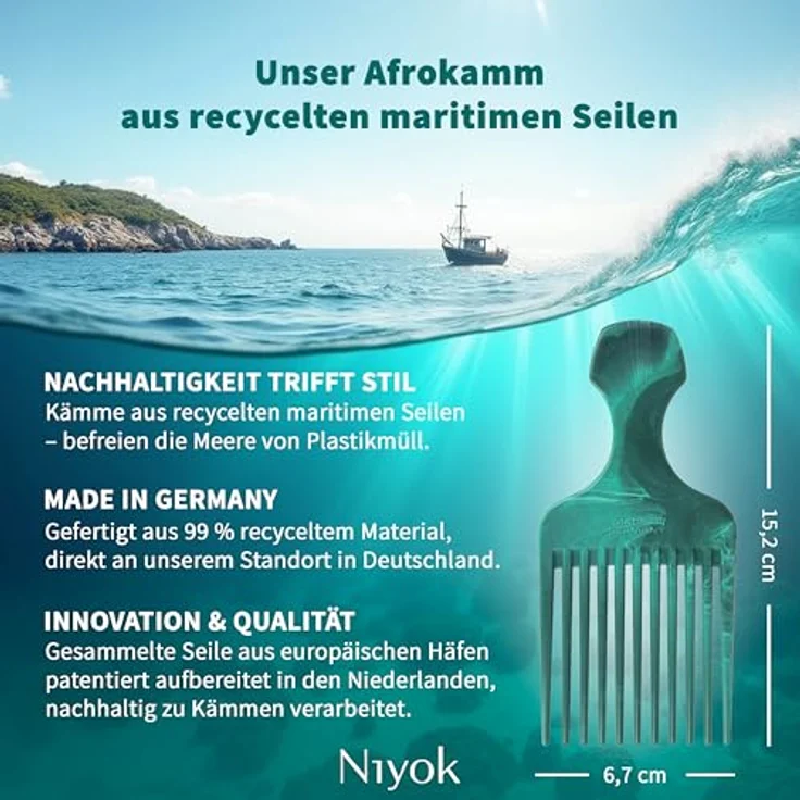 Niyok Afrokamm, 99% Recyclingkunststoff aus maritimen Seilen, stabil & schonend für lockiges und krauses Haar, Made in Germany – Bild 5