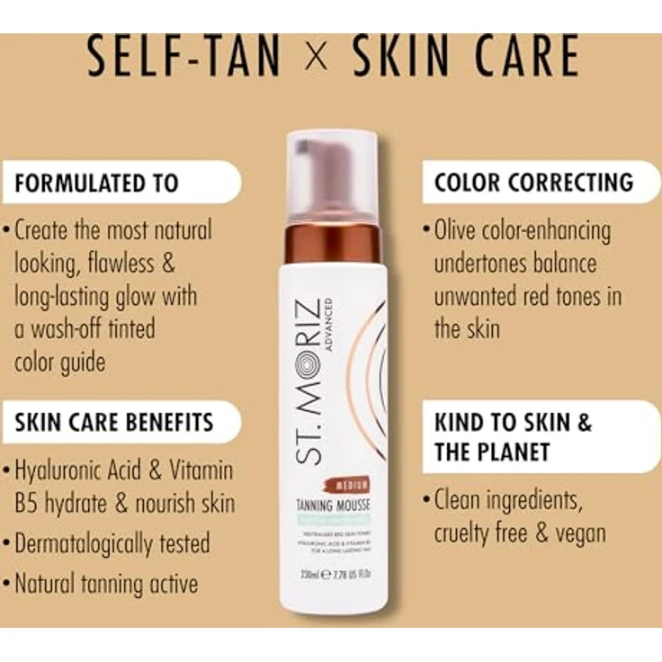 ST. MORIZ Advanced Colour Correcting Tanning Mousse in Medium – Selbstbräuner für mittlere Hauttöne mit Hyaluronsäure – dermatologisch getestet, tierversuchsfrei – 200ml – Bild 2