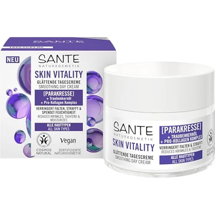 SANTE Naturkosmetik Face Skin Vitality Tagescreme, revitalisierende Feuchtigkeitspflege mit Parakresse, Traubenkernöl & Pro-Kollagen, Anti-Aging-Creme für alle Hauttypen, 50ml