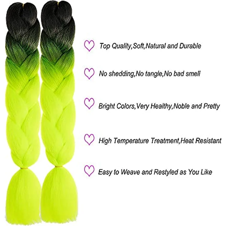 Shangxiu Jumbo Braids Extensions, 6 Stück Haarverlängerungen, 24 Zoll, Black to Fluorescent Green, hitzebeständige synthetische Faser – Bild 2