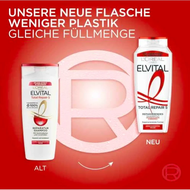 L'Oréal Paris Elvital Total Repair 5, Reparierendes Shampoo gegen 5 Probleme geschädigter Haare, mit Cicamide und Pro-Keratin, 6 x 300 ml – Bild 2