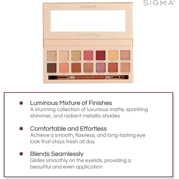 Sigma Beauty Cor-de-Rosa Eyeshadow Palette, Lidschatten-Palette mit 12 hochpigmentierten Farbtönen und Pinselchen, 16.24 g – Bild 2